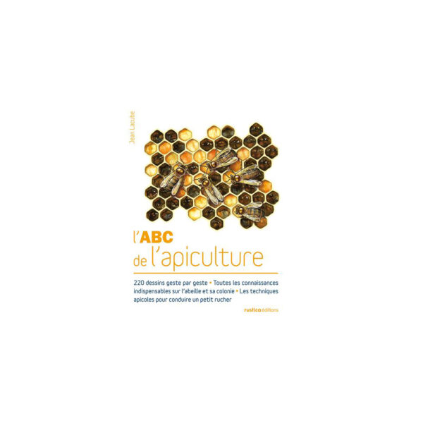 Couverture d’un livre sur l’apiculture avec des ruches et abeilles, titre orange et bleu.
