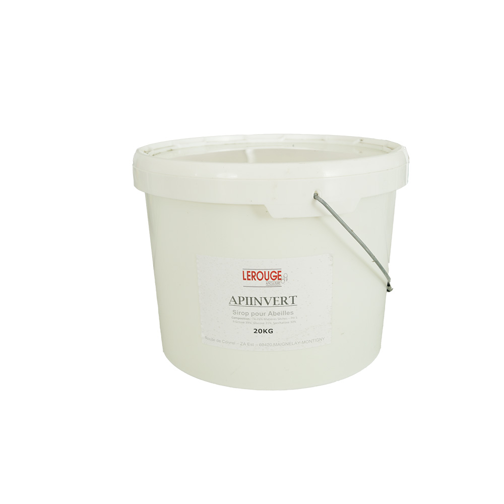 seau blanc en plastique avec poignée métallique et étiquette "APINVERT" 20 kg.