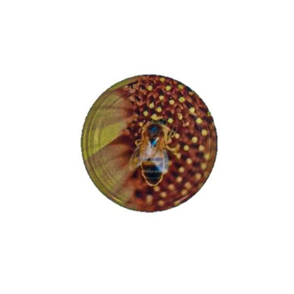 Abeille posée sur une fleur rouge à points jaunes, vue de face.