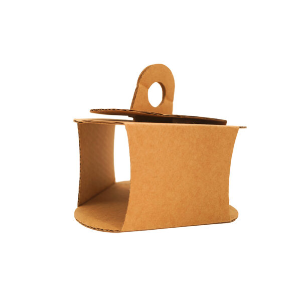 Petite boîte en carton ondulé avec couvercle et anse en boucle, vue de côté.