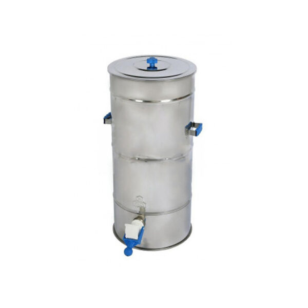 Réservoir cylindrique en inox avec robinet et bouchon bleus, robinets latéraux et témoin de vidange en bas.