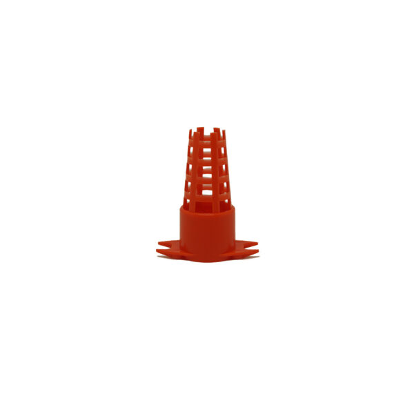 Petite lampe ou grappe plastique rouge en forme de cône avec grille et base à ailettes.