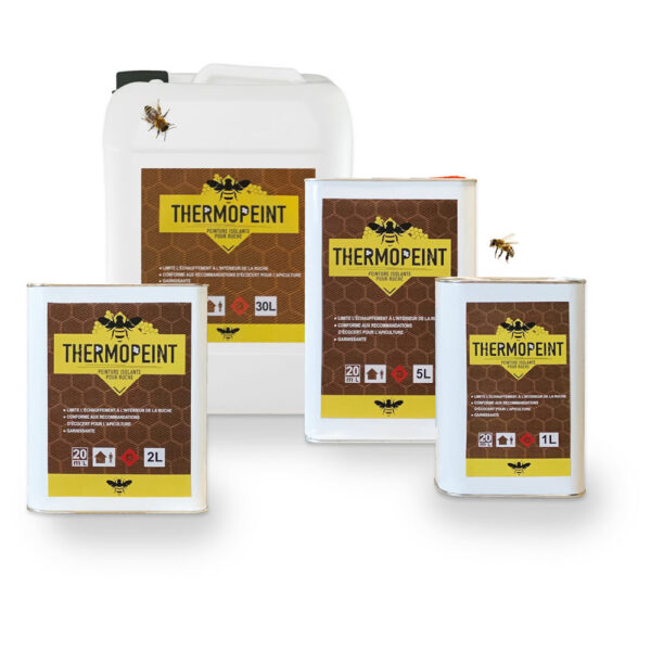 Gamme de contenants Thermopeint avec grandes et petites boîtes à étiquettes marron et logo jaune, abeilles.