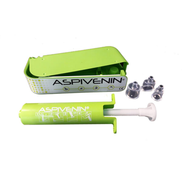 Set de soins Aspivenin vert fluorescent avec poire d’aspiration, cartouche et embouts.