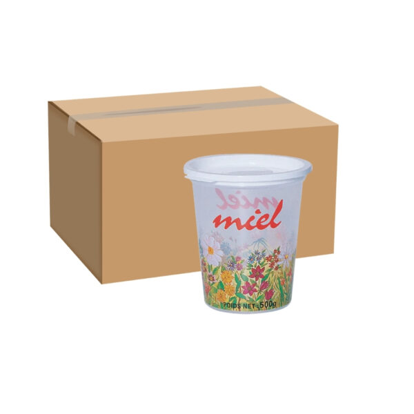 Boîte en carton et gobelet blanc à fleurs colorées.