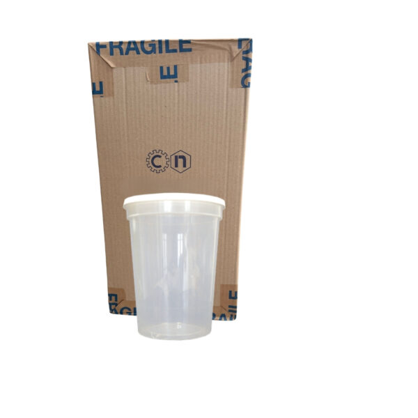 Boîte en carton beige marquée « FRAGILE » avec gobelet transparent à fermeture blanche devant.