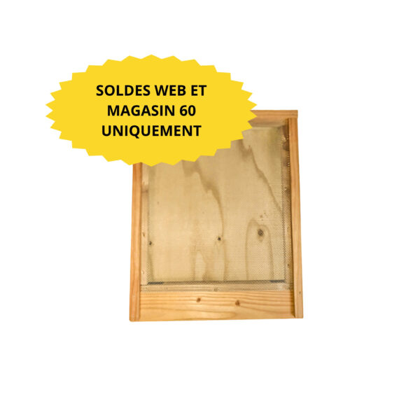 Sachet transparent avec bordures en bois et badge jaune étoilé couvrant partiellement le dessus