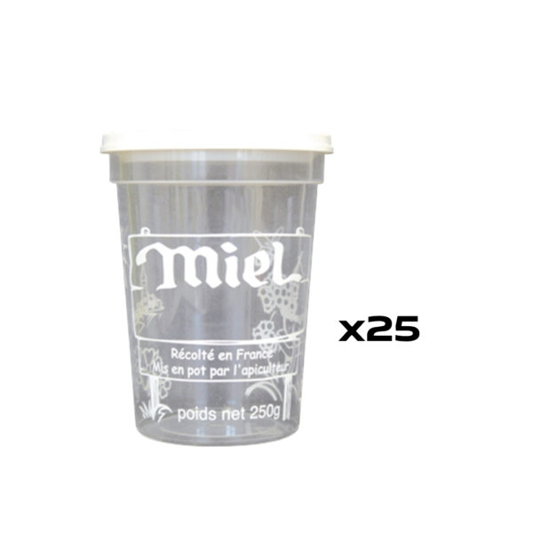 Gobelet en plastique transparent avec bouchon blanc et motif Miel, indication x25.