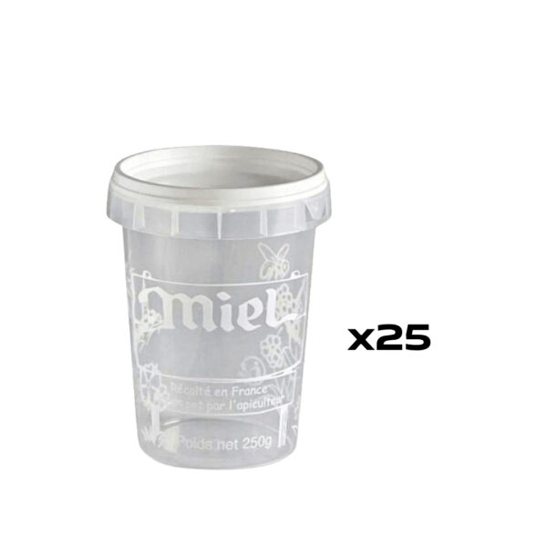 Petit pot en plastique transparent avec couvercle blanc et décor floral, texte imprimé, indique x25.