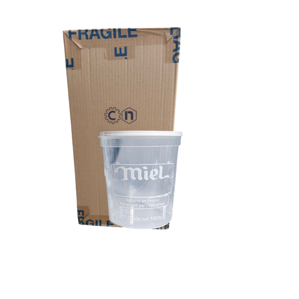 Boîte en carton avec seau transparent portant étiquette Miel blanc