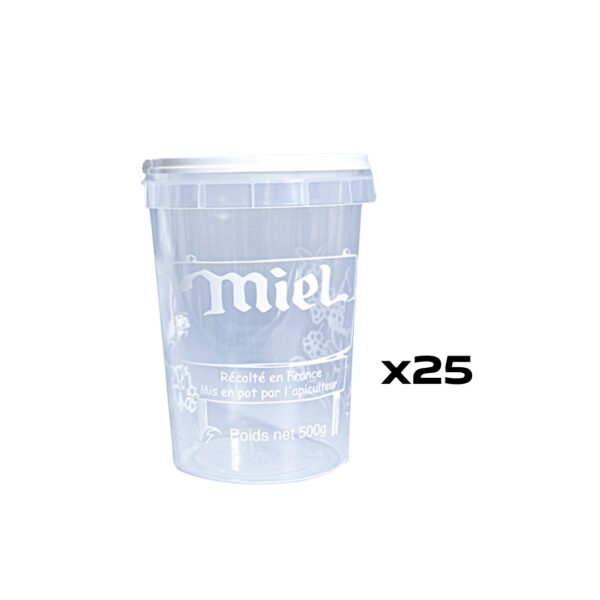 Gobelet transparent avec couvercle et étiquette Miel, texte Poids net 500g, Récolté en France, note x25 à droite
