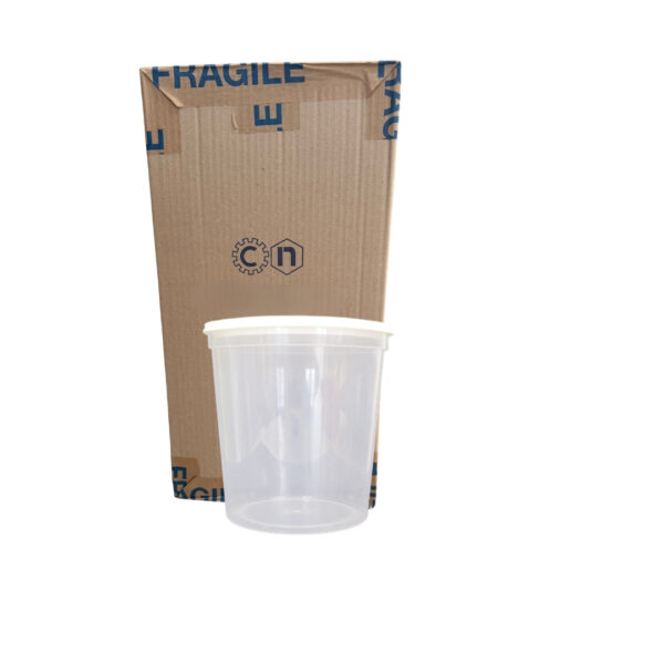 Boîte en carton marqué « FRAGILE » avec gobelet transparent devant.