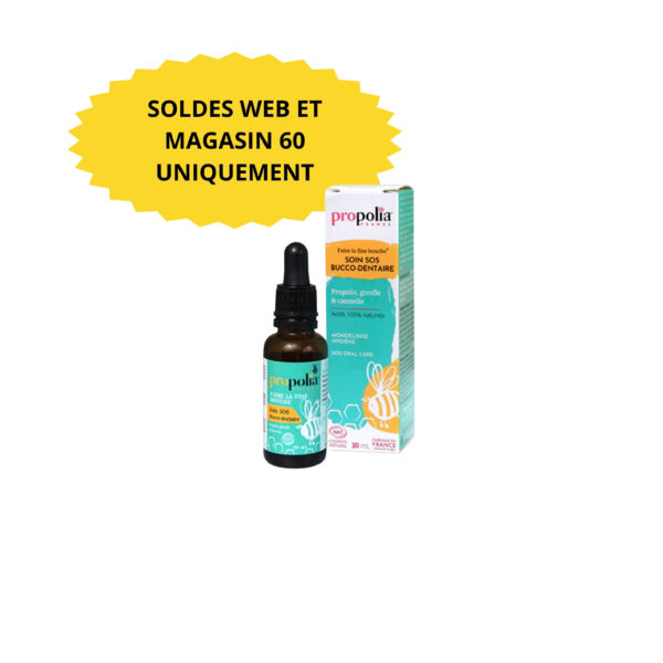 Flacon compte-gouttes en verre avec boîte Propolia, étiquette turquoise et jaune.
