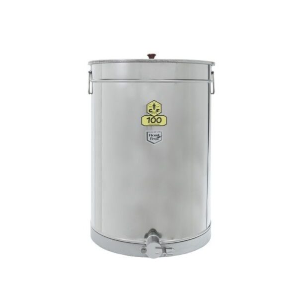 Réservoir cylindrique métallique argenté avec robinet au bas et couvercle, étiquettes jaunes.