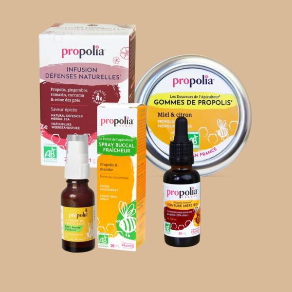 Coffret apithérapie : gommes, spray gorge, teinture mère et infusions