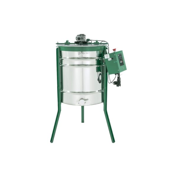 Silo cylindrique en métal argenté sur cadre vert, avec boîtier de commande latéral green.