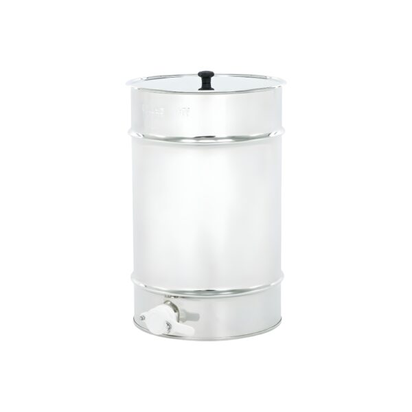 Baril cylindrique en acier inoxydable avec robinet et bouchon sur le dessus, base chromée.