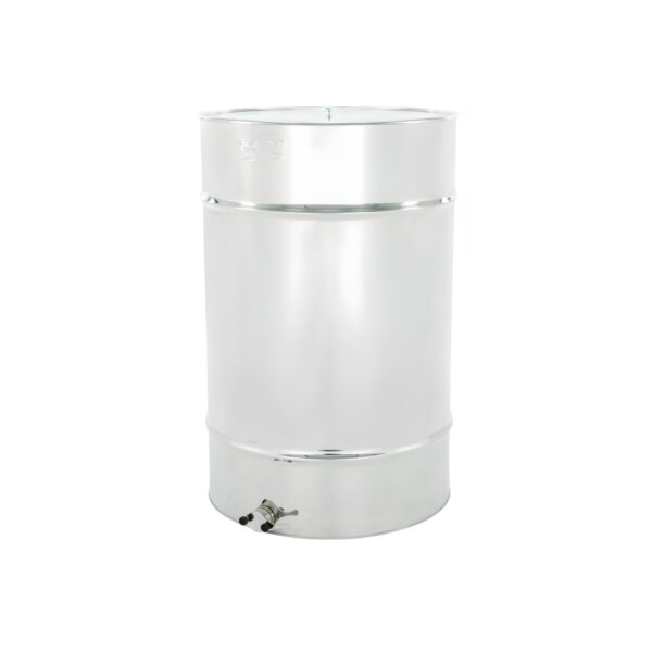 Tambour cylindrique en métal argenté avec robinetterie au bas et bord supérieur plat.