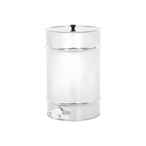 Cuve cylindrique en métal argenté avec robinet et couvercle en plexi, style industriel.