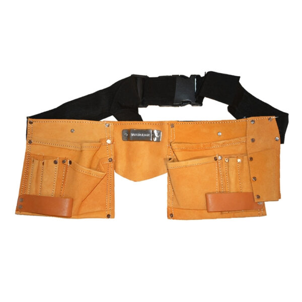 Ceinture porte-outils en cuir beige avec poches et compartiments, sangle noire réglable.